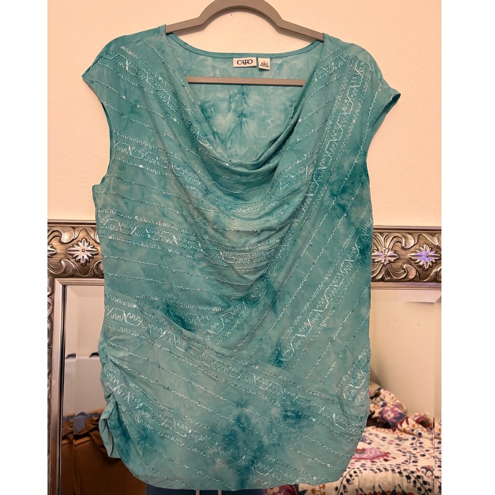 Cato Teal Tie Dye Cowl Neck Sequin Embroidered Sleeveless Top y2k Fairy h5